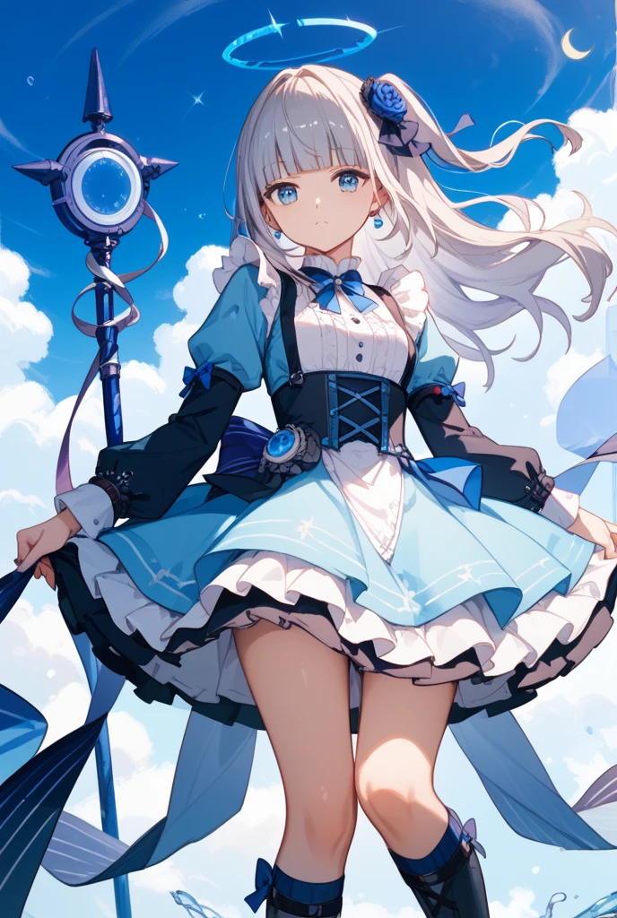 photo realistic, (masterpiece,best quality:1.4),(8k,raw photo,photo realistic:1.2),Not Safe for Work, detailed skin,detailed face,1girl,princess, cute face, super resolution,retro realistic details Illustration,,{{{elaborate,intricately,fantastic,delicately,tremendous,meticulous,minute,incredibly,obsessed,artisan's,subtle,virtuoso,skillful,vibrant, vivid, complex}}}, clearly focus edge, fresh natural gradation, best quality, amazing quality, very aesthetic, absurdres,
pubisure,
(((Blue school uniform))), mini frilled skirt, (frilled panties), happy, (White beret,Comes with a blue bow), (((The sacred weapon of thelong-handled spear of magical splashing))), (((Holding a magic spear))), (((jumping,skirt-lift))), medium bob, ((silver hair)), ((wavy hair)), shimmering eyes, Pink eyes, , 12 yo,(((cape))),((Blue the Bow)), Puffy Sleeves, Bangss, shortsleeves, ((Blue bow ribbon)),(White frilled apron), flat chest, beautiful hands, neck ribbon, wristband, arm garter, baby face, twinkle in the eye, braided bangs, ((frilled ankle socks)), (((Holding a magic spear))), (((high tops))), mary janes, Heart necklace, ring, masterpiece, top-quality, not safe for work,