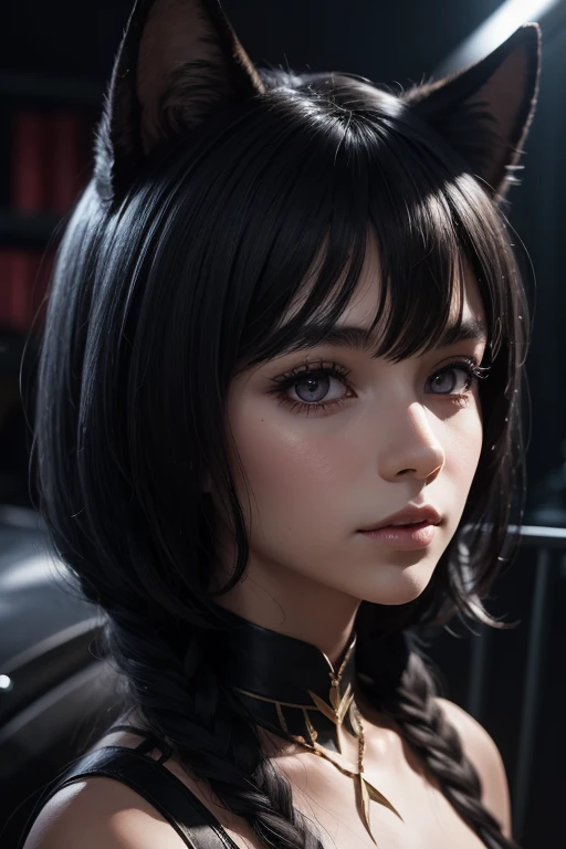 Portrait of Catwoman, anime catgirl, smooth soft skin, Fantastic Big Eyes, beautiful intricate colored hair, Symmetrical, anime wide eyes, Beautiful eyes, Soft lighting, Detailed face, By Makoto Shinkai, Stanley Ateg Liu, Phlegm sputum, phlegm, rossdraws, concept-art, Digital painting, looking at the camera in, 1girll