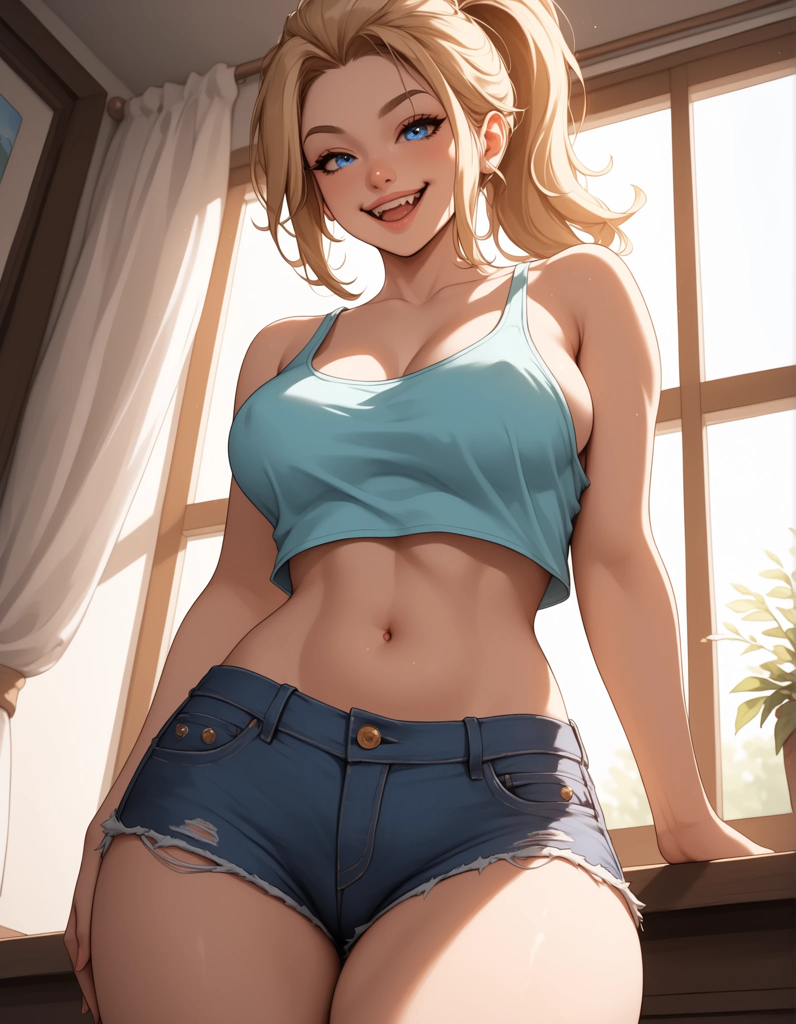 (modern_apartment_bedroom), pastel_colors, soft_fabric_textures, 1girl, (detailed_face:1.3), (sharp jawline), (high nose bridge:1.2), lips, soft skin, refined cheekbones, glowing_skin, arched eyebrows, visible philtrum, blonde_hair, ponytail, blue_eyes, large_breasts, wide_hips, crop_top, tank_top, denim_shorts, off-shoulder_top, sideboob, tight_clothes, bare_thighs, seductive, bratty_expression, teasing_smile, one_hand_on_hip, bowing_forward, (cowboy_shot), (from_below), soft_room_lighting, sunrays_through_window, (masterpiece:1.2), (best quality:1.2), ultra detailed, 8k, watercolor, cinematic lighting, volumetric_lighting, rim light, soft shadows, ((forced_perspective)), (Diminishing scale perspective:1.3), (lora:Yandere Queen:0.85), (lora:SDXL high detailed. LoRA_SDXL_ARW_0010:0.75), (lora:Waifu Eyes:0.5), (lora:NKxXmo's Shaded Face:0.5), (lora:NoobAI-XL Detailer:0.6), (lora:Detail Tweaker:0.65)
