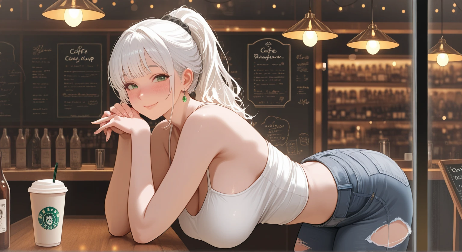 sologirl, (masterpiece), (((best quality))), ((detailed face)), (perfect face), (detailed eyes), (beautiful eyes), award winning, (4k), incredibly absurdres, (absurdres), (highres), (sharp), extremely detailed CG, 8k_wallpaper, ((ultra-detailed))), (illustration), CG, wallpaper, ((HDR)), ((high quality)), ((high-definition)), (((extremely detailed))), <lora:azurlanedrake:0.3>, (upper body), (standing), long hair, grey hair, ponytail, yellow eyes, large breasts, (pov), looking at viewer, crop top, tank top, cleavage, midriff, navel, denim shorts, thigh boots, high heel boots, open mouth, wide smile, wedding ring, (leaning forward), outdoors, one eye closed, hand on own forehead