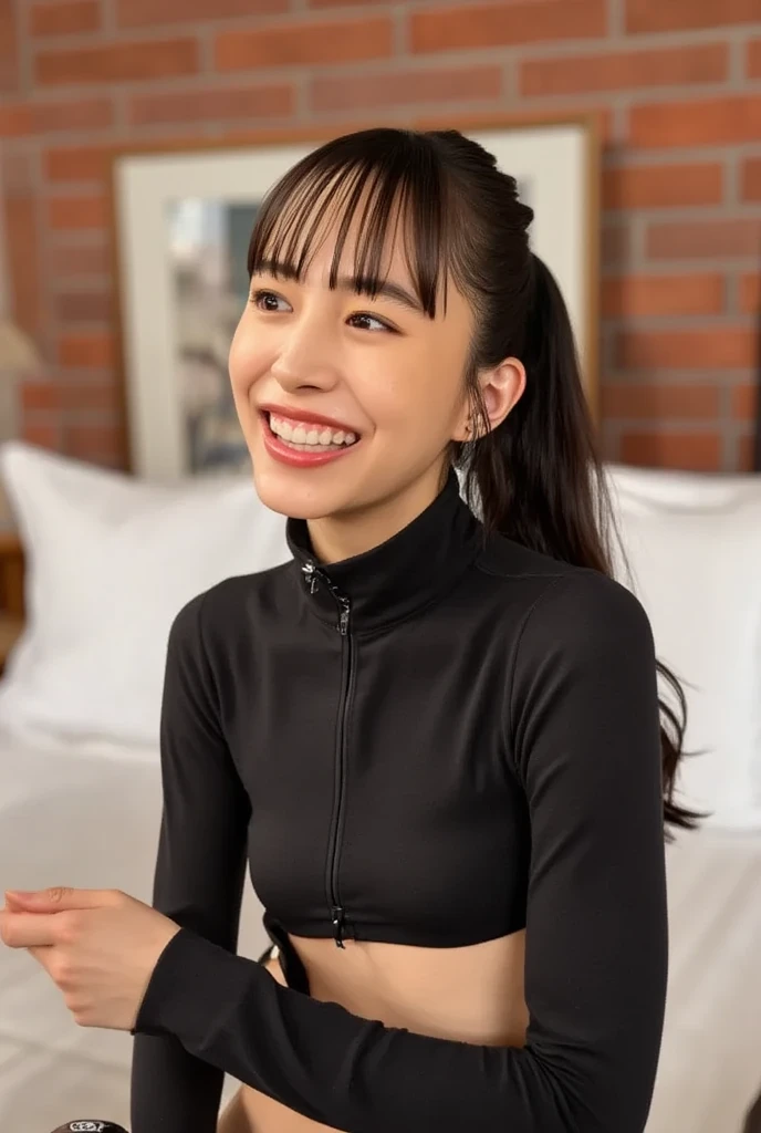 15 year old girl with medium length black hair, children's pigtails hair, Asian facial structure, happy expression, she wearing a tight bussines suit, dog collar, visible nipples, she in a livingroom, kneeling on the floor, top view