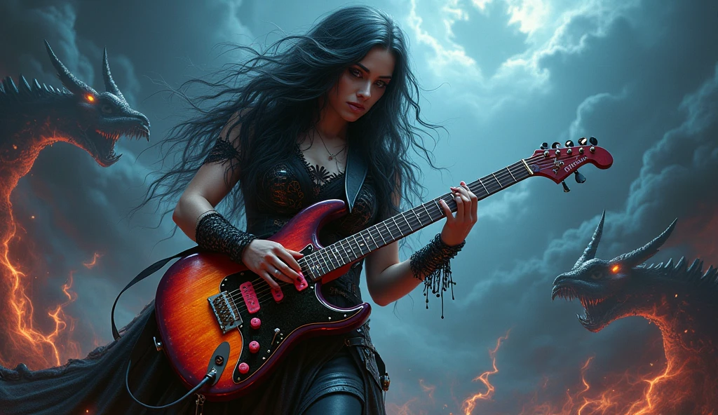 mystical woman, playing a heavy metal electric guitar, is surrounded by an atmosphere of gothic music and fantasy demons, creating a unique sound, that takes listeners to new heights.