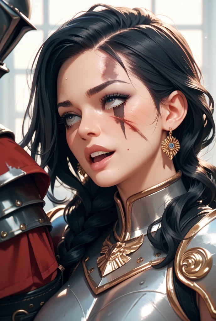 A very close up shot on head of a seductive woman with open mouth and spit lot of cum in mouth, she is wearing in armor, (cum:1,4)