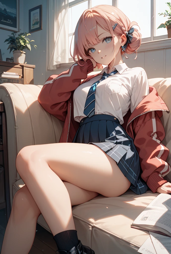 1girl,solo,smile,pink hair,leg up,barefoot,foot focus,foot up,show sole,in classroom,low angle