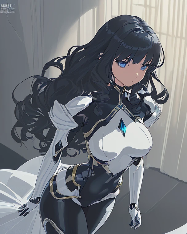 Woman, white armor with a lot of exposure, black hair, leaning forward, cleavage, high-cut, low-angle view gazing at the camera, rooftop of a Western castle, sunny day, high-resolution, alluring