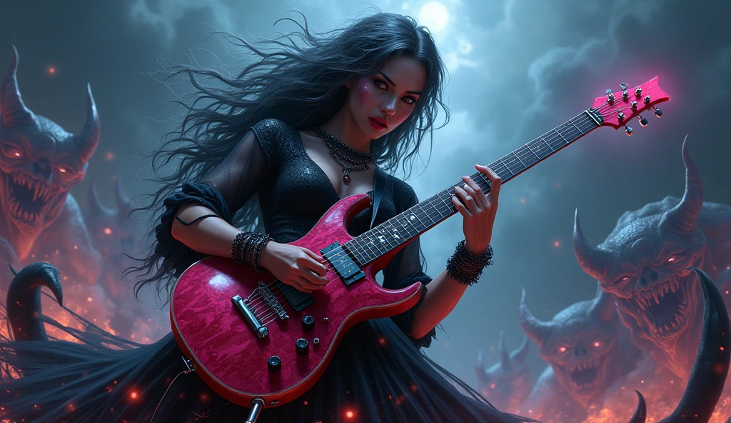 mystical woman, playing a heavy metal electric guitar, is surrounded by an atmosphere of gothic music and fantasy demons, creating a unique sound, that takes listeners to new heights.