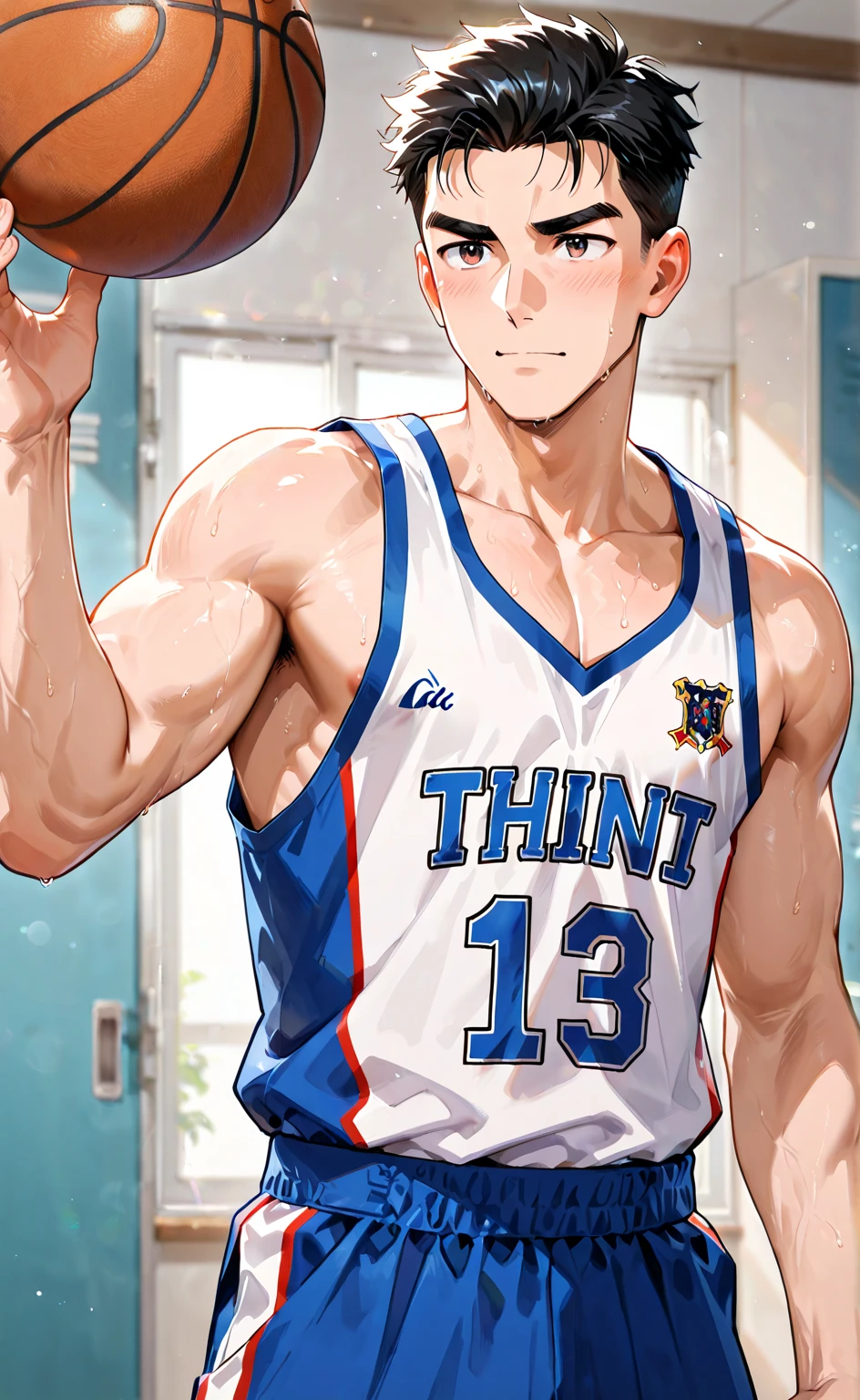 1boy, adult, handsome, perfect face, detailed eyes and face, clean shaved, muscular, capturing a rural atmosphere, dynamic lighting, unreal engine 5, hd picture, satoru gojo, white hair, short hair ,hair between eyes ,blue eyes, white skin, bed mattress details, basketball jersey