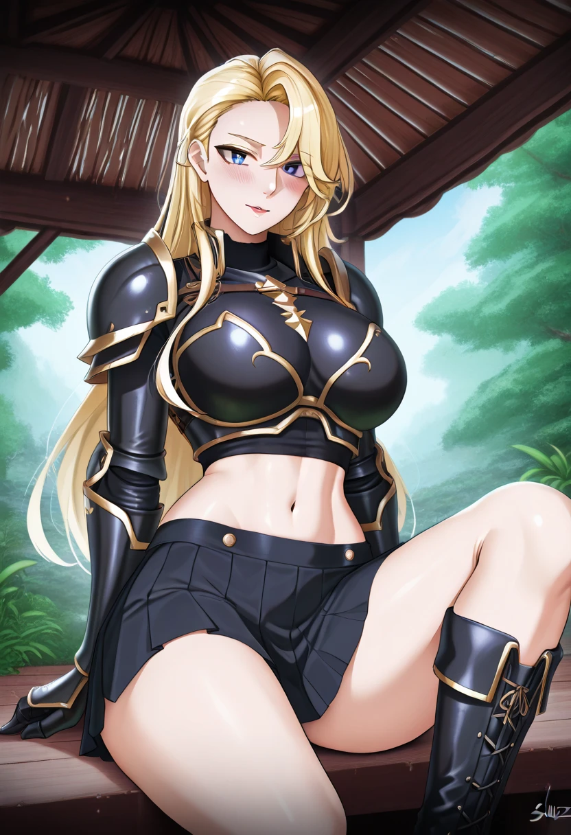masterpiece, score_9, score_8_up, score_7_up, BREAK source_anime, best quality, extremely detailed, 1girl, milf, solo, (dark skin, black skin:1.9), (large breasts:1.9), ((((blonde hair), long hair, grey eyes, fox ears, fox tail, yellow fox tail, six tails))), parted lips, (((shrug, sling bikini, medium skirt))), ((naughty smile), closed mouth), ((ancient ruins))