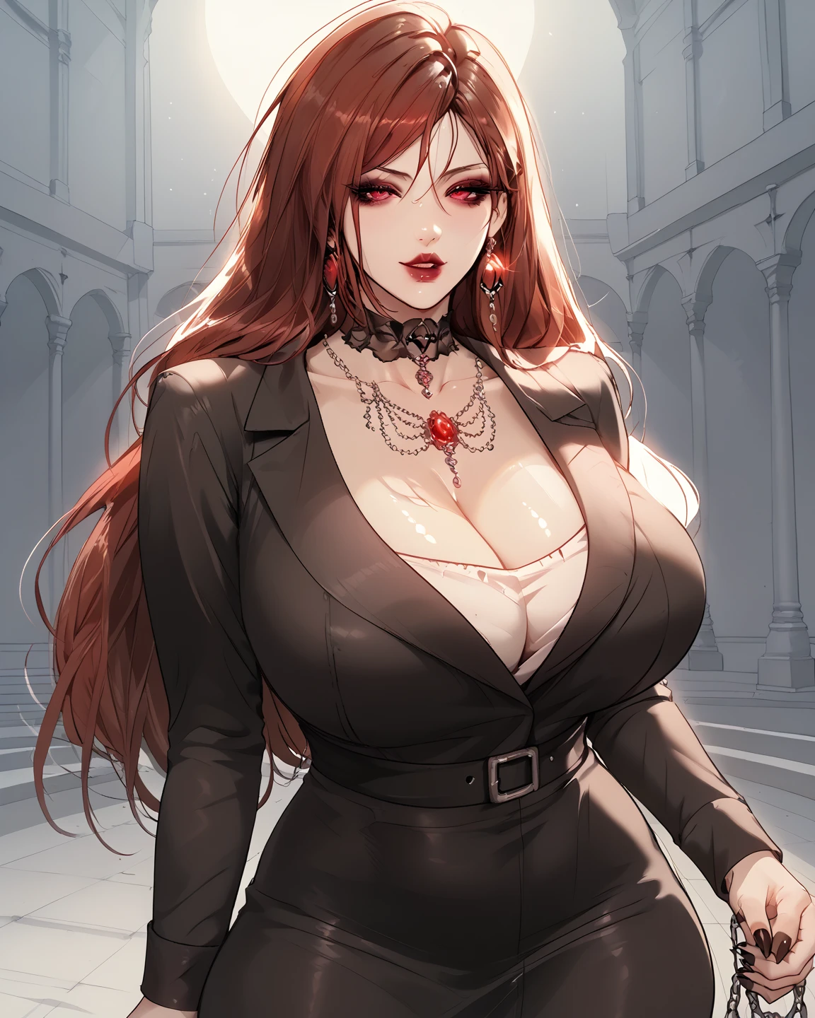 masterpiece, Medieval, pale skin, prominent cheekbones, dark red hair in bun, giant breasts, black lace dress, curvy, lipstick