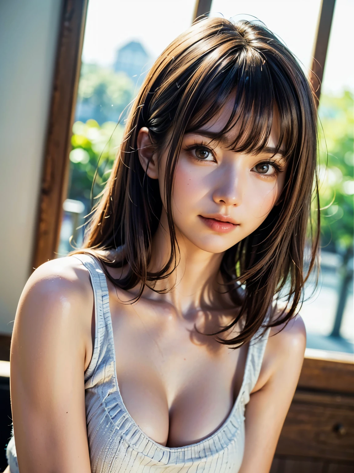 Very detailed、masterpiece、highest quality、Ultra-high resolution energy A、8K High Resolution、Photogenic transparency、Detailed eyes、Gradation、Perfect anatomical figure , Nikon Z9 80mm Lens, Beautiful posture、yes、Browsing Caution、Thin eyebrows、Detailed eyes、Detailed nose、Mouth Details、Fine ears、Golden ratio face、(Waiting for a kiss)、(Curvaceous)、(Ideal ratio)、High definition eyes and feet、Long neck、eyelash、(Black Hair、Blunt bangs, Bowl cut、Long Hair, , The forehead is hidden by the bangs:1.2)、(((Natural soft light、Eye highlights)))、(Realistic:1.4), Shadow、(Best image quality:1.0), (超A high resolution:1.0), 8k, RAW Photos, (masterpiece:0.2), Curvaceous、(Seductive pose:1.5)、When the light hits your face, that'that'that'that'It's getting brighter、Geometric background:1.3、dark、Cute girl hair、avert your eyes、(Solid ribbed square neck bodysuit:1.4)、highest quality、Very detailed、High quality details、(Big Breasts:1.8)、(Smile、Pink Lips、plump lower lip:1.4)