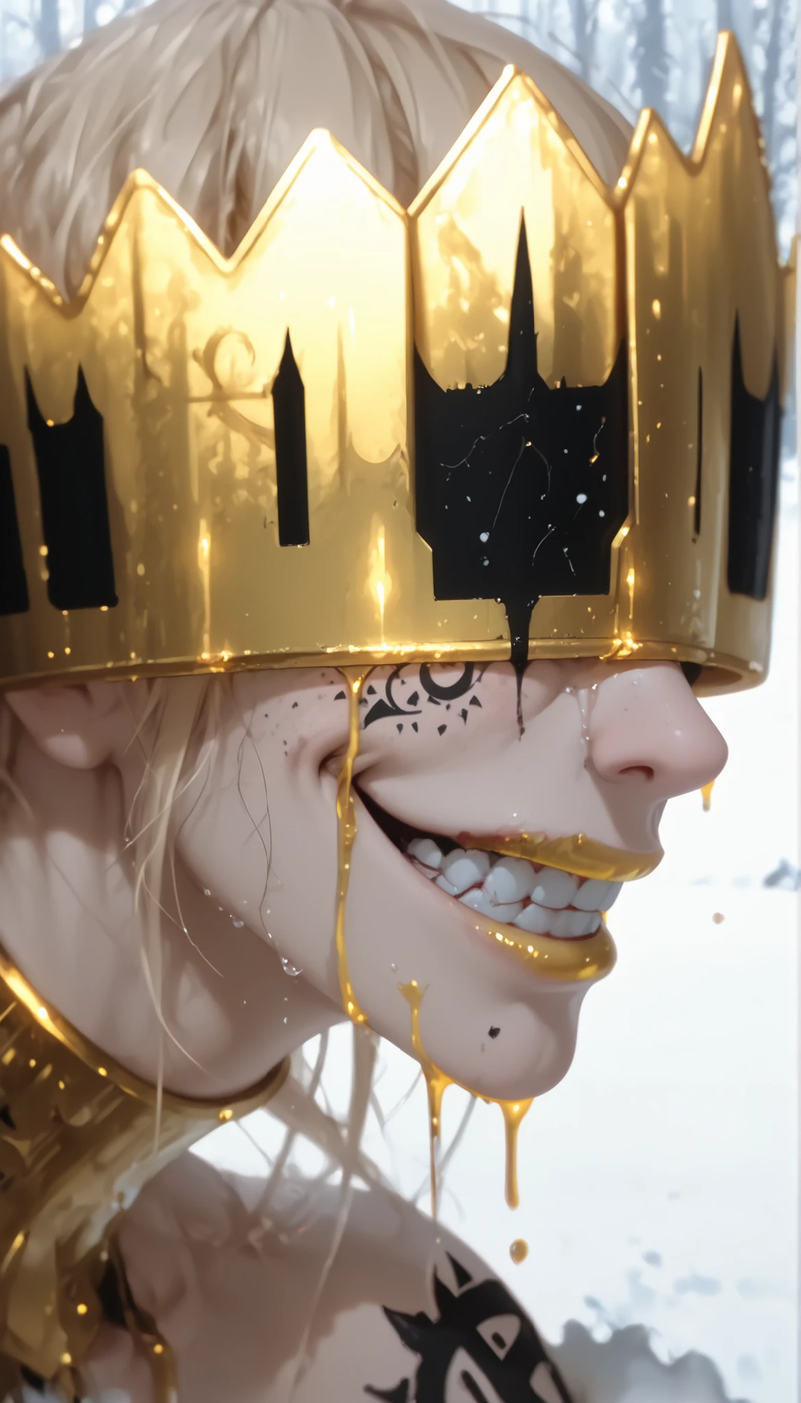 1 girl, masterpiece, better quality, dynamic lighting , dramatic lighting, blond hair, crown over the eyes, wide smile , Teeth, language, 1 girl,looking sideways,shy,Freezes,snow, close,Beauty,Composition,contrast with red eyes and blue hair,facial focus,Crying yellow tears,super detailed eyes,liquid gold,Dramatic scene ,Yellow blood,crown of blood on the head,crown of light on the head,facial tattoo,black tattoo of wild animals,golden lips