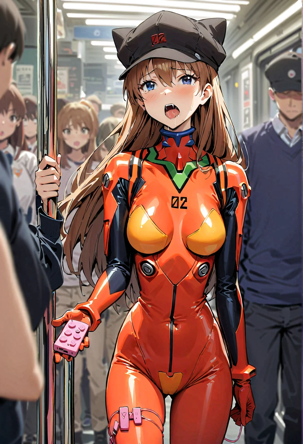 masterpiece, Highest quality, 1 person,( Large Breasts,Are standing, View your viewers,),Detailed Background、A person who writes in detail、Accurate human body、Knowledgeable person、Accurate 5 fingers,Mature Woman,Thick thighs,Curvy Body,明日香,impossible bodysuit,pink bodysuit,blue eyes,very long hair,brown hair,((Absolute area)),method, (Inside the train), netorare, different, Grab, Heterosexual, Pussy juice, Crazy behavior, Public indecency, Public use, Fingering, Two boys, Faceless Man, subsidy exposed