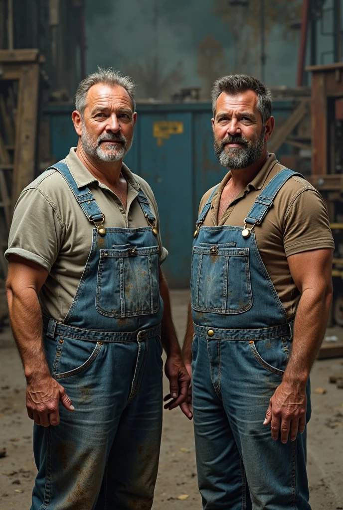 Hyper-realistic image of a smiling bricklayer superhero hugging a gray-haired bodybuilder friend, very old and very sweaty, more than 80 years, very muscular and fat, more than 200 kilos with a naked torso, large and flaccid pectorals, brown nipples and big gray mustaches with huge tattooed arms on a construction site dressed in a pair of jeans with a tool belt and a yellow helmet on his head