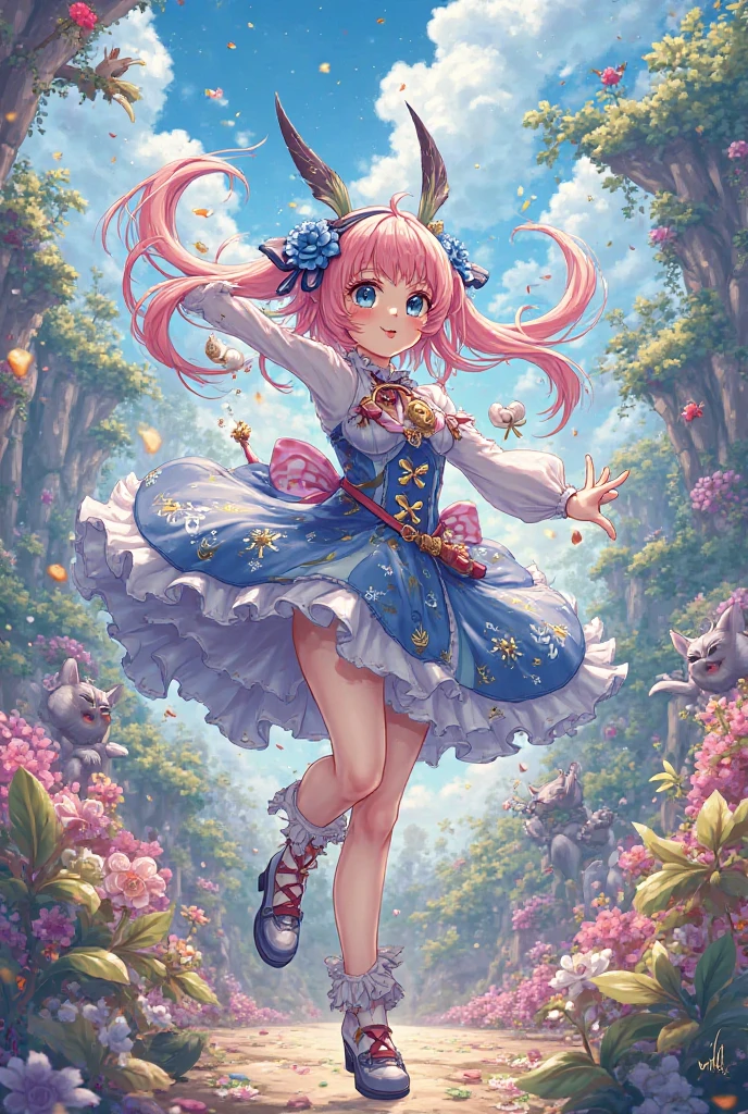 1girl, long rainbow colored twin tails:1.9, bright smiling expression, beautiful magical girl jumping down from tall trees in a magical garden, shining morning sunlight, low angle shot:1.75, close-up of the girl, extremely detailed, complex, photorealistic, 8k, HDR, cinematic lighting, vivid colors, soft and dreamlike