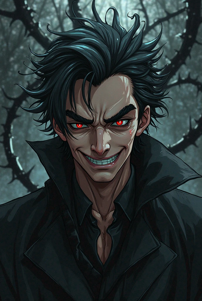 naughty man,zombie with scars on his face,with white eyes and long black hair with dark circles under his eyes and a beautiful appearance in addition to wearing a dark suit,he appears to be cold but with a good personality, he has a striking look, he has moss green skin and has hair with bangs and a messy ponytail. 