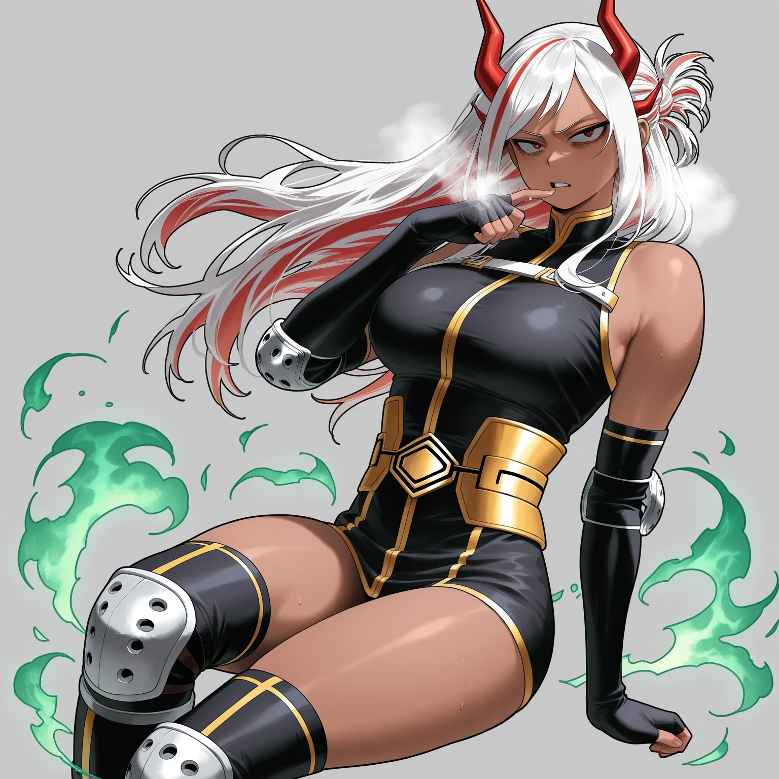 A beautiful and sexy woman with long white hair and yellow eyes wearing golden goddess artemis armor in dragon ball z style