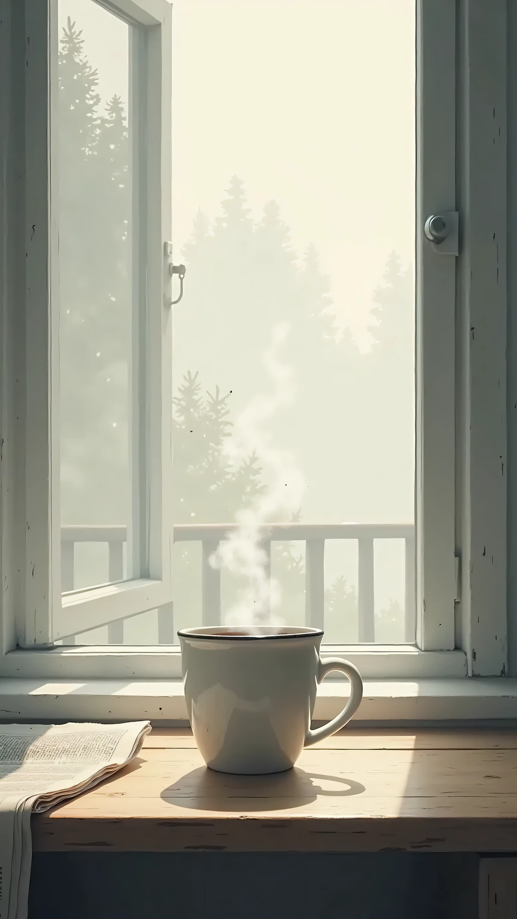 a steaming coffee mug placed on a wooden table beside an open window, soft morning fog outside, natural light casting gentle shadows, slightly wrinkled newspaper next to it, shallow depth of field, peaceful and cinematic atmosphere