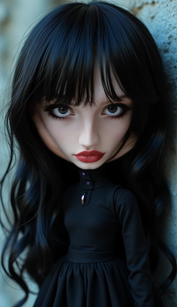 rating_safe, score_8_up, score_7_up, score_6_up, uncensored, wet skin, small breasts, pale skin, cute face, ???-like proportions, big eyes, (((glossy black hair, bangs, long straight hair))), tiny prepubescent japanese cute goth-girl looking smugly at viewer, looking up a viewer, mesugaki-smile, miniskirt, black stockings, big cute bratty eyes, dark nightclub background, goth girl clothes, glossy black lipstick, full-body shot, tight fishnet-mesh-top, choker, strapped boots, low light, small ears, nylon sleeves, fishnet-nylon-mesh shirt, detailed, highest quality, condescending facial expression, thong, standing straight
