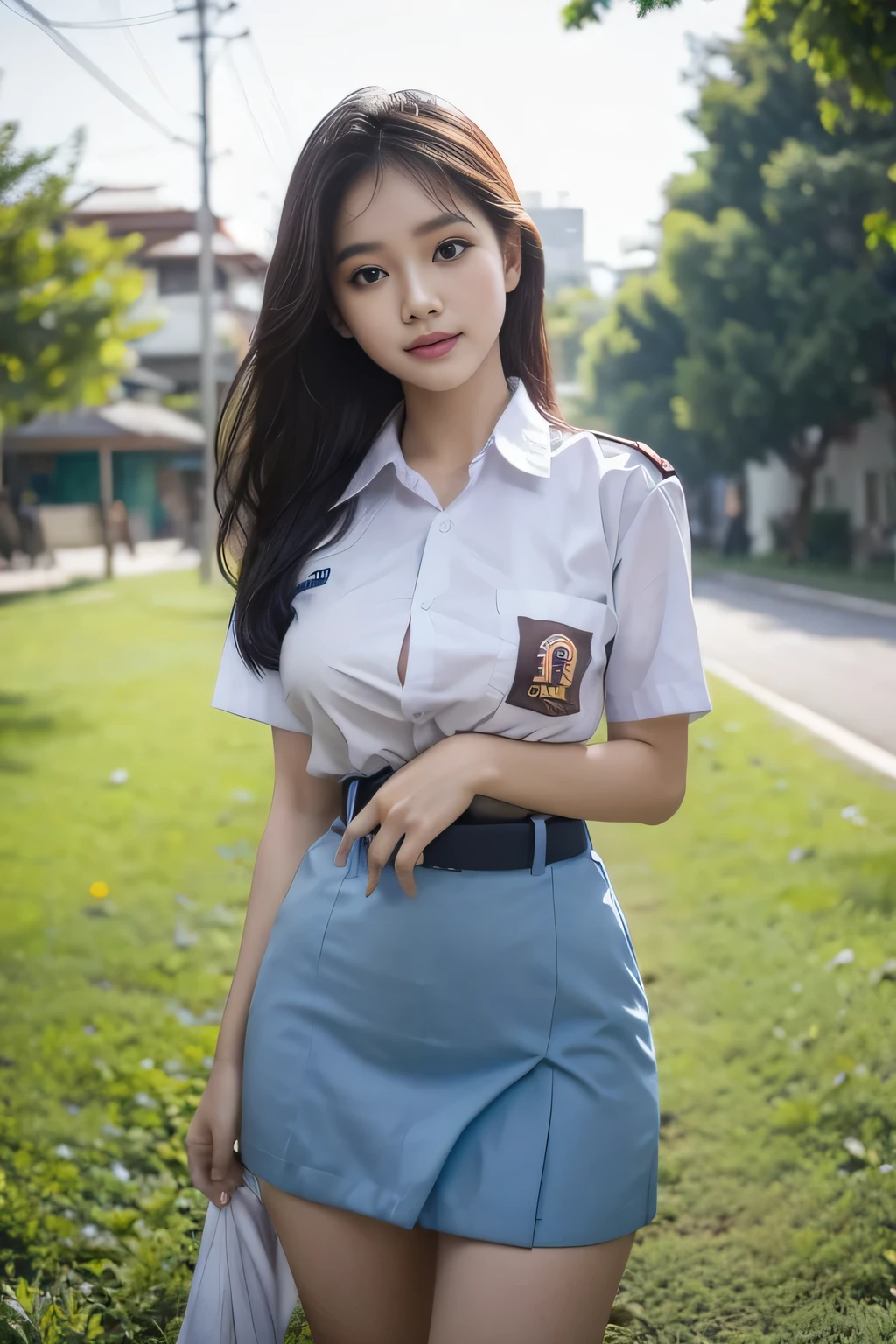 1girl, (uniform), standing, outdoors, detailed face, detailed eyes, huge breasts, shiny skin, looking at the audience,(8k, RAW photo, best quality, masterpiece: 1.2), (realistic, realistic: 1.37), ultra-high resolution