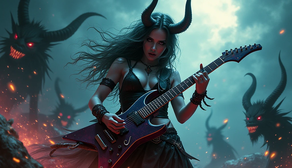 mystical woman, playing a heavy metal electric guitar, is surrounded by an atmosphere of gothic music and fantasy demons, creating a unique sound, that takes listeners to new heights.