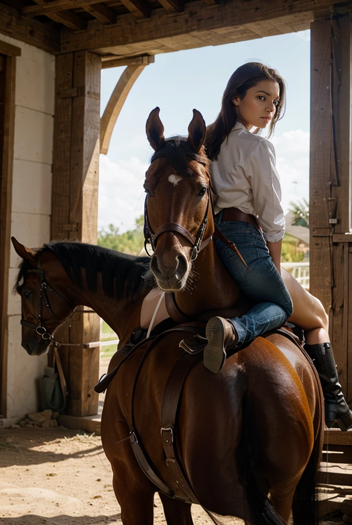 Atue como phd em personalizar, enlarge and enrich the text of Prompts for image generation tools: Gerar uma imagem espetacular de uma mulher jovem, Imagem de fundo o Jumping International de Monte-Carlo, nestled beneath the walls of the Princely Palace, com os mais belos cavalos, Texas style boots and hat, representado a equipe Americana do Texas