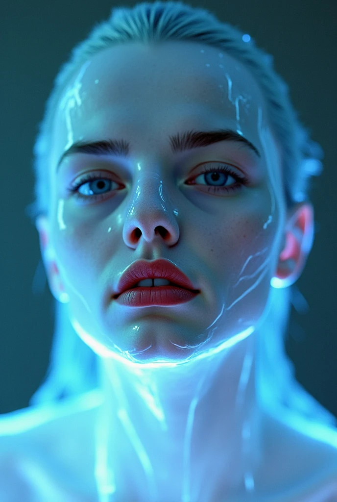 scientist, female, creepy, transforming, blueberry, mishap, formula, laboratory, horror, surreal, swelling up, blue, worried, experiment, accident, modern, eerie, detailed, glowing, vivid, turning blue 