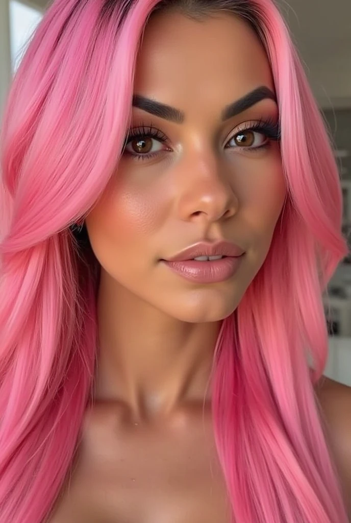 Create a high-quality model of a Latina woman inspired by the style of actress Eva Mendes. The model should have long, flowing pink hair and exude a sensual, sexy presence. The design should include both fully nude and partially nude options, with a focus on high-resolution and detailed textures.