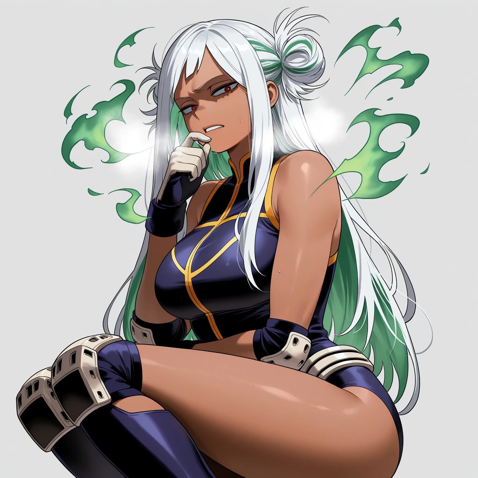 Full body image of Maki Zenin from Jujutsu Kaisen after the Zenin clan incident, full body in image, wearing her post-clan outfit (dark green jacket with sleeves torn off, harem pants, and black shoes, with glasses), long hair tied in a ponytail, female body, athletic and muscular body, visible scars on her face and arms, dynamic pose, detailed pose, simple background, expressive face showing determination, focus on face, line art, sketch