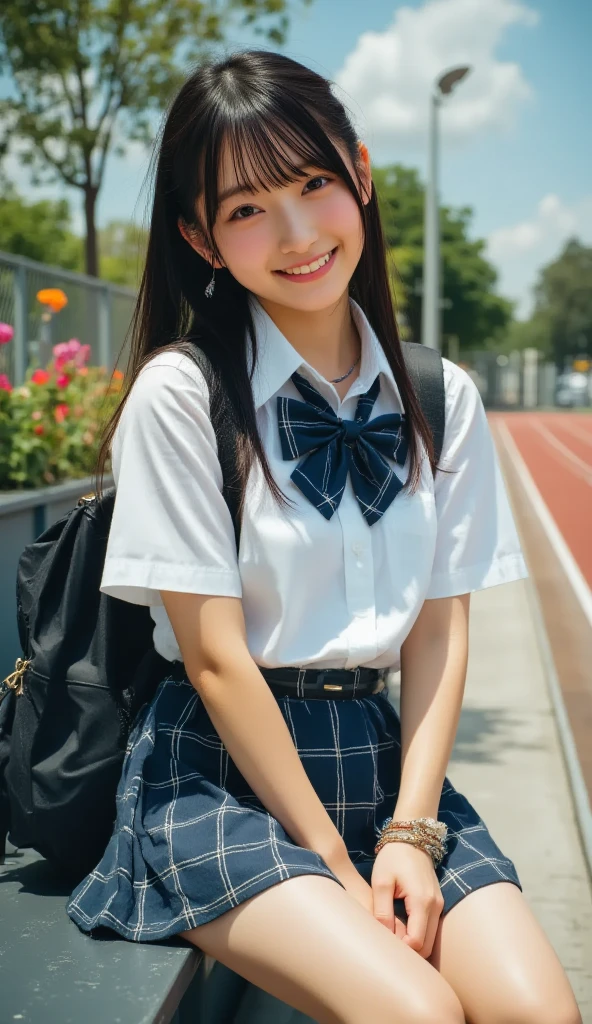 　(((Japanese female elementary school student)))(9-year-old girl)　((((9-year-old girlが一人、solo))))　whole body写真　Full Shot　Short Hair　A low ponytail　whole body　Thighs 　濡れてSee-throughる服　　school uniform　shirt　((濡れてSee-throughる))pleated micro mini skirt　cute　(smile)　Sandy Beach　(((See-through)))　　Shot from between the legs　Spread your legs　Spread your legs　Raise your arms up　Through the gap(Panties)I can see