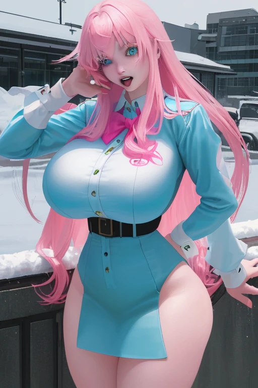 masterpiece, 1 girl, alone, Shortcuts, , Honesty "Queen" Niijima (Honesty Niijima) - People、Looking at the audience, Big Breasts, Mature Woman, blush, smile, Blow Brown Long Hair、Lilac eyes, Pink Bed, Mature Woman,Black latex gloves,Sky blue off-the-shoulder latex suit,Sky Blue Skirt,Sky blue off-the-shoulder latex,Sky blue latex skirt,Latex shirt,Sky blue latex off-shoulder shirt,脇汗A woman in a uniform posing in a room with a window, Angry face,Naughty eyes,(software) Safe at Work, TİTS, have large breasts, TİTS cyberpunk, biomechanical TİTS, have large breasts, Pixiv 3DCG, Top rated on pixiv, Big Breasts!, Fine details. Girls' Frontline, I also make fan art, Big Breasts!!, breasts covered and software,