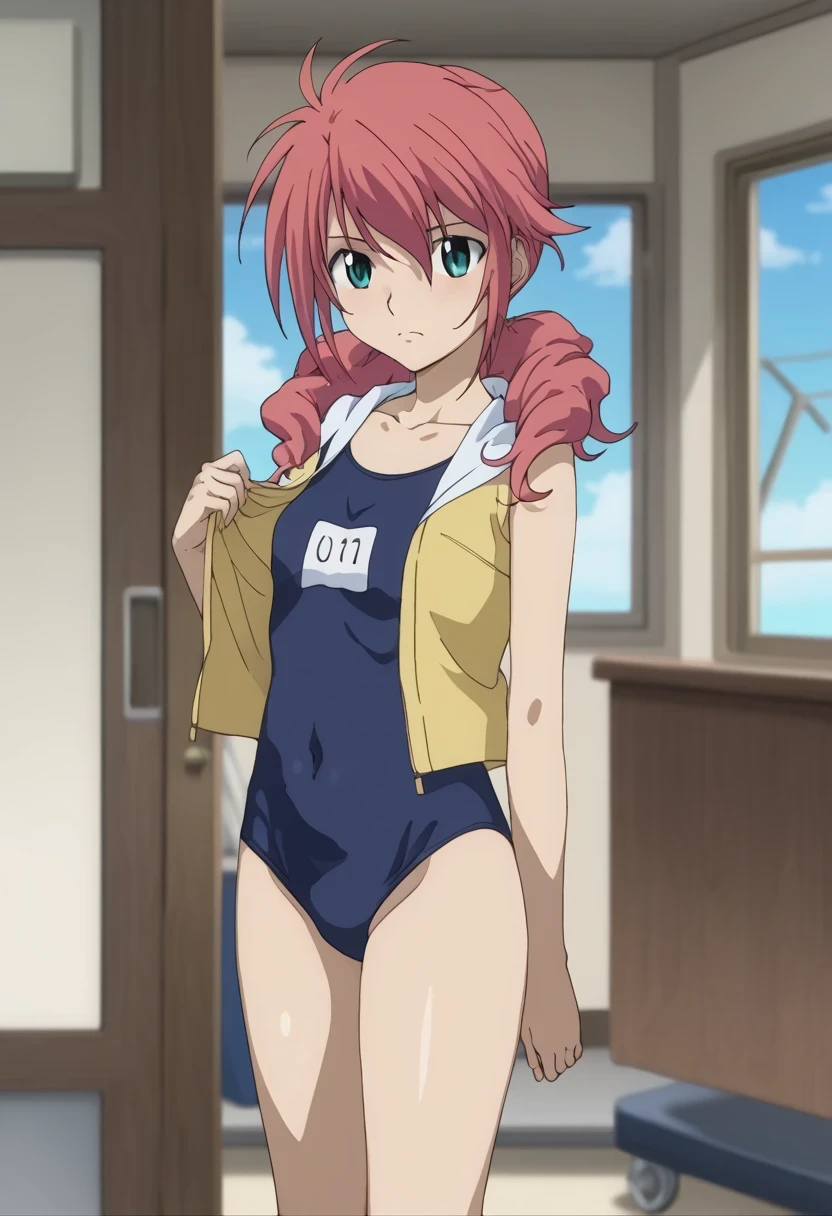 score 9 、score 8 up、score 7 up、score 6 up、source anime、1girl、、looking at viewer、cowboy shot、feldt grace、feldt solo、1girl、中程度の胸、collarbone、巨乳、服装:ハイカット水着、日本の学生用水着、ハイカットスクールスイムウェア、紺色のタンクスーツ、ハイレグカット、学校の水着、ハイカットスクールスイムスーツ、スク水、wearing school swimsuit、pink hair、肩にかかる髪、twin drills、水遊び、