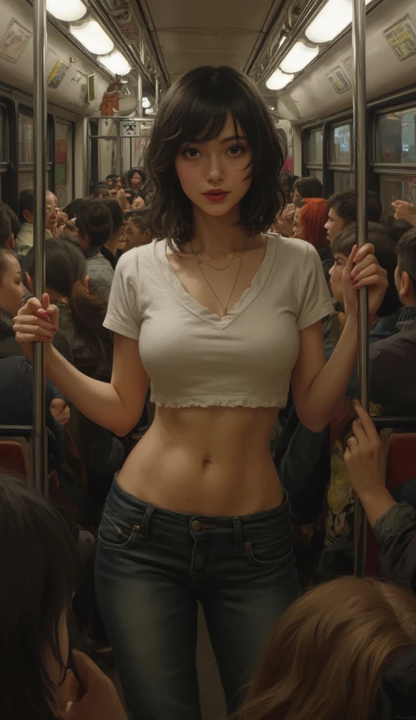 highest quality,High resolution, 8K, cute age girl, dark short hair, Cute ponytail, perfect skin, small breasts, (In a crowded train:1.4), (lots of people watching her:1.3), (crowd of people on the background:1.2), (low angle:1.4). (portrait shot:1.4), (panorama:1.4), (panorama shot:1.3) (small breasts:1.4), (topless:1.3), nipples
