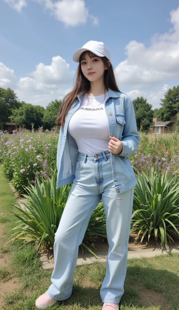 Best quality: 1.4, high resolution, bright, 1 girl, super big breasts, cleavage, hair tied, denim jacket, denim skirt, sitting, upskirt, tree