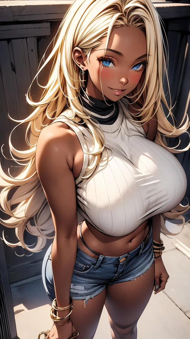 (best quality,ultra-detailed),mother-faced woman, (yellow long hair,yellow eyes),dark skin,thin strap white tank top,super short shorts,immensely large breasts,exposed breasts,thick thighs,insanely inflated hips,focus on thighs,at home,homely backdrop,vivid colors,sharp focus