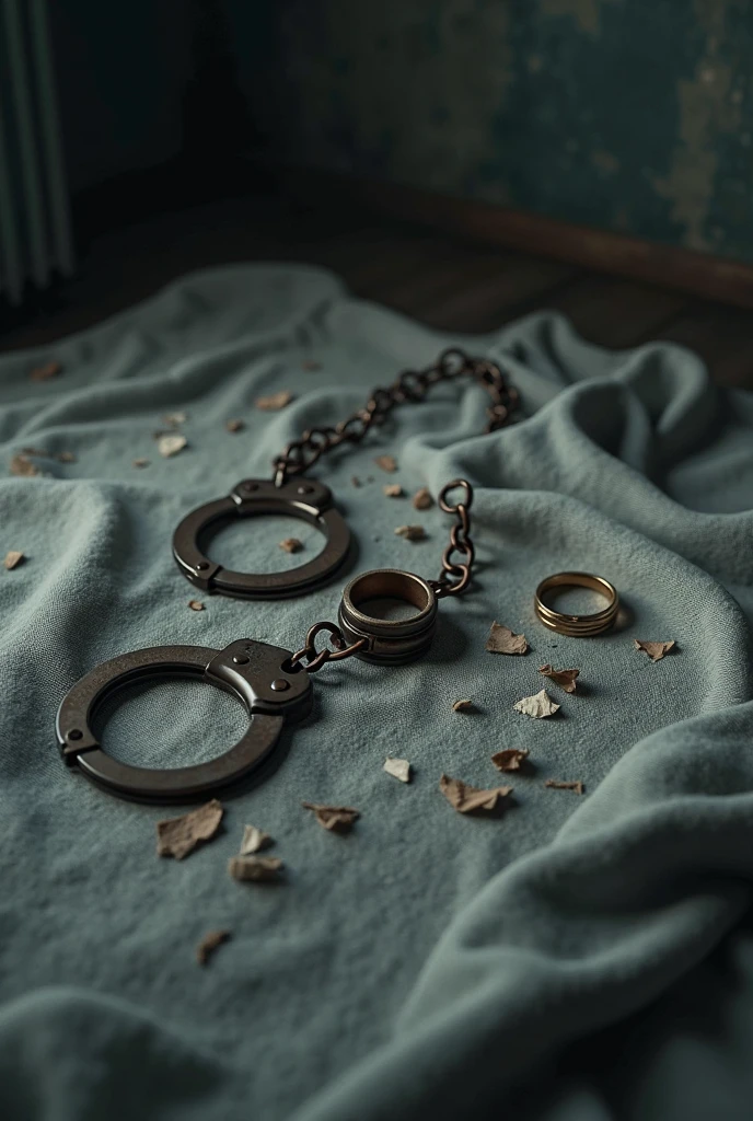 Create an image that is the cover of a rock album. The photo will be super realistic, with a black background, it will have two handcuffed hands holding an almost hanging a underpants. It will have a title below written "Fetish"