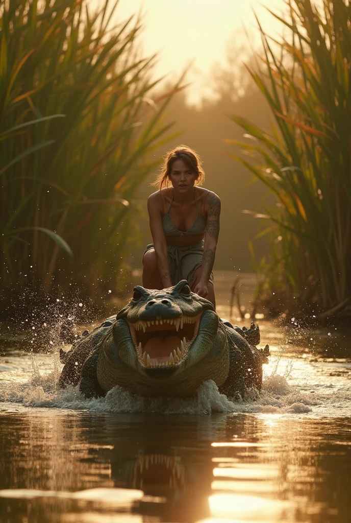 Alligator chasing a redhead with green eyes 