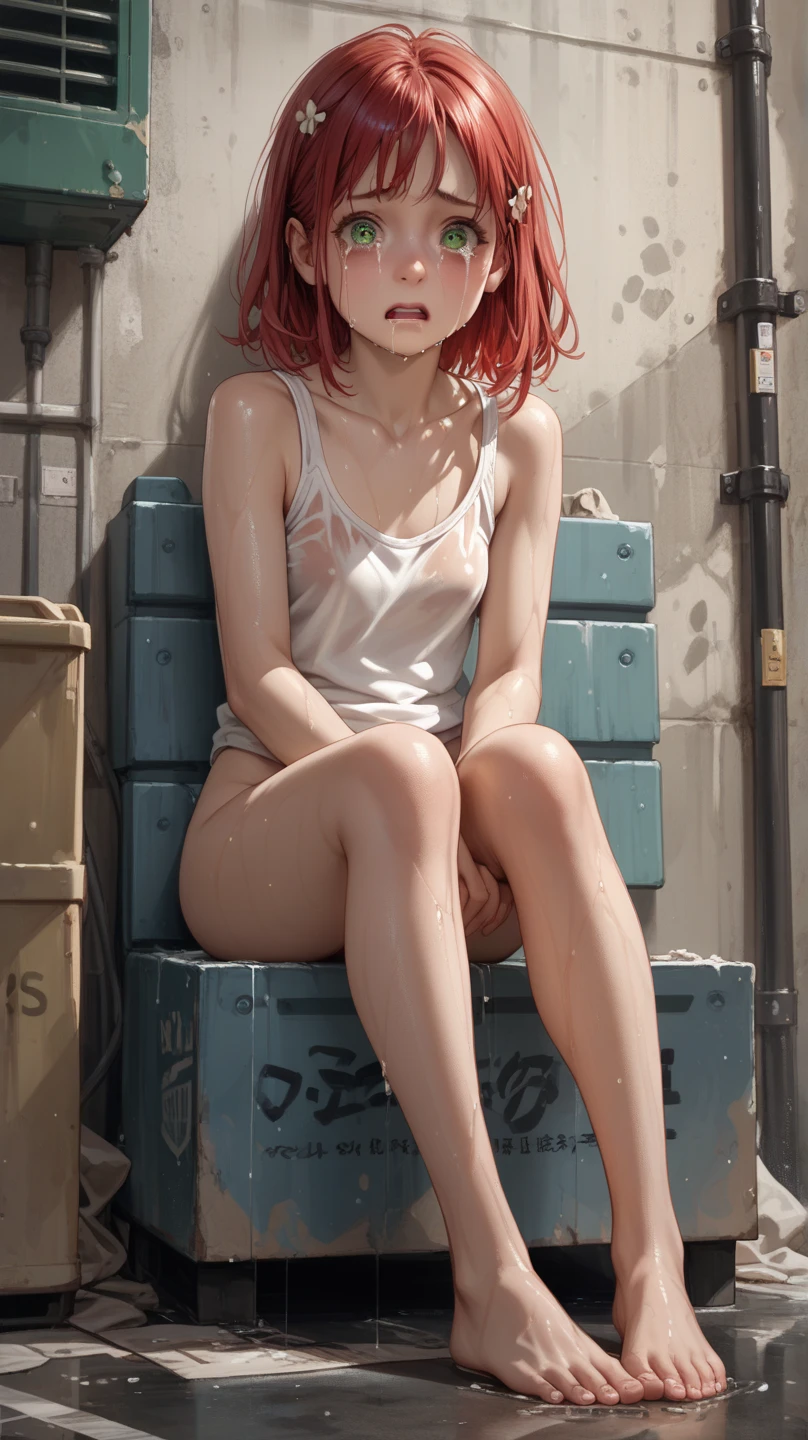 ((masterpiece:1.4, best quality:1.2)), toned, 1girl with a short bob cut hair, red hair, grey eyes, freckles, multicolored hair, green jacket, cap, black tank top, sneakers,