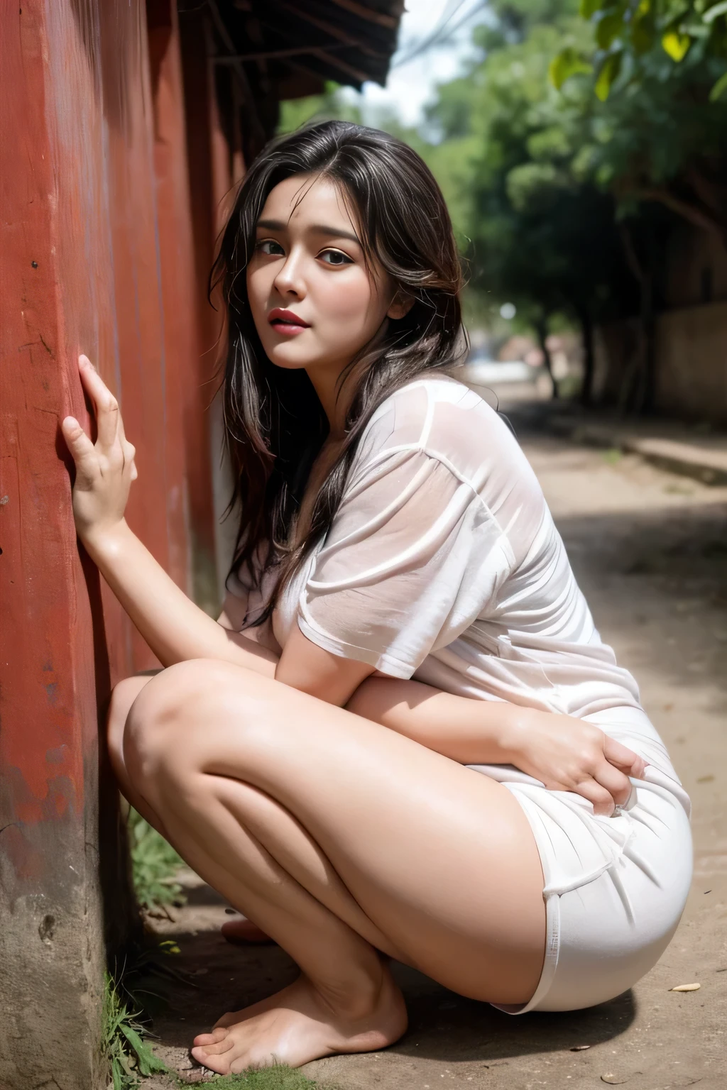 Super pretty 20-year-old Arab-American, look at viewer, cloud, day, sky, outdoors, post-apocalypse, ruins, scenery, tree, water, Highly detailed character design, cute detailed digital art, beautiful digital illustration, high quality portrait, (wet hair, shoulder-length hair, wavy-messy hair), sitting on a chair, kid's bedroom interior, thin makeup, wardrobe extra-long oversized big tank-top shirt white, big and long shirts, only tank-top, no bra, no pants, no shorts, no underwear, ((natural medium breasts, smooth nipples pokies)), full body shot, chromatic aberration abuse, dithering, UHD, retina, masterpiece, 16k
