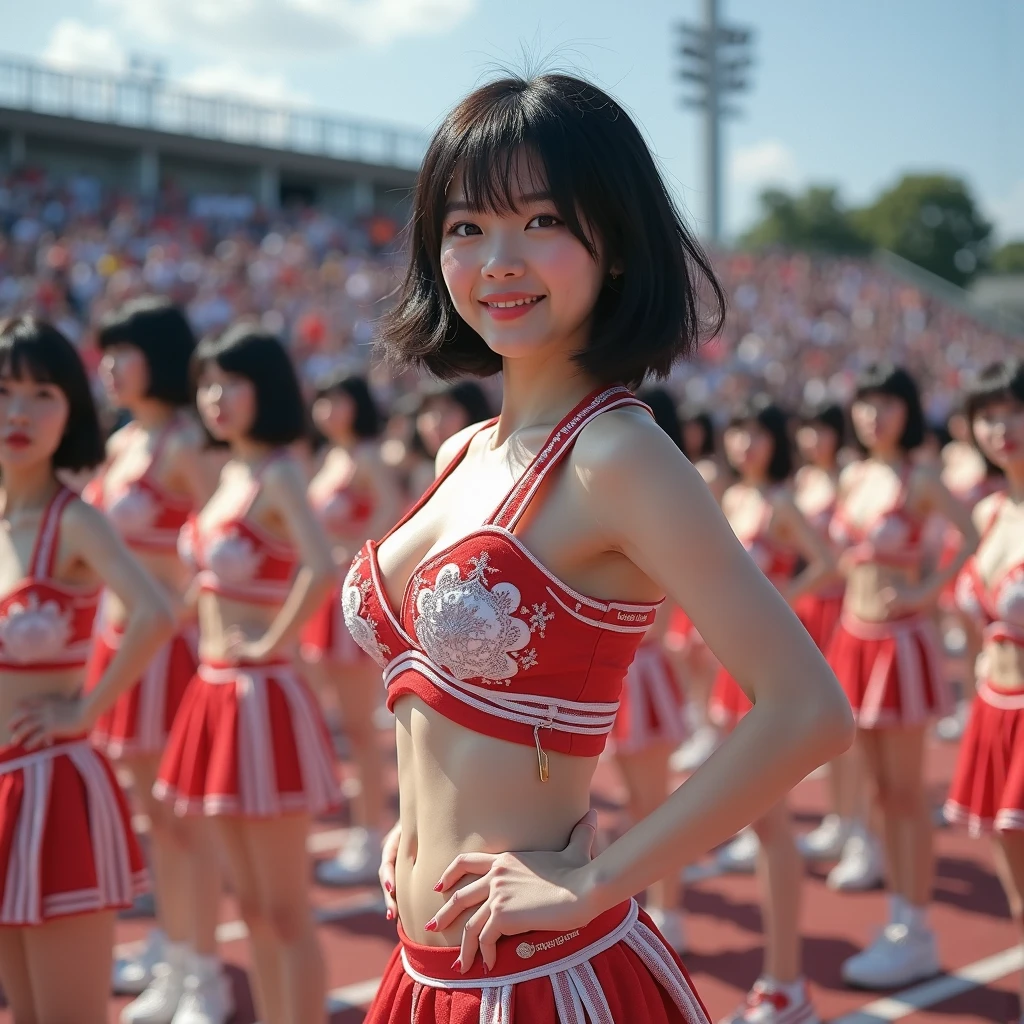 [Japanese Clone girls=Myself], [best masterpiece Clone girls Raw Photography Art], [16K, Highest quality, Ultra-high resolution], [Unrealistic, Unparalleled, Different dimension, Improbable sight, (((A world of mass proliferation of myselves, Ultra-realistic)))], ((Japanese, woman, 26-year-old, shinozaki-ai)), ((Small face, Thick black hair, Short Hair)), (((Very beautiful detailed girls, Accurate body structure, Very detailed完璧な超巨乳ボディ, amazing super big tits, Big, voluptuous breasts, The cleavage is very plump and emphasized))), (Dark Eyes, Mature face, Cute Smile, A gentle gaze), (((Very happy laughter))), ((((((((((Very detailed, 1girl→1,000,000,000,000,000,000,000,000cloning girls)))))))))), ((((((((((Very detailed, Absolute precision, Description of the doppelganger, (Perfectly the same girl, The exact same smile, Perfect matching hairstyle, Perfect same clothes, Exactly the same height, Perfect same super busty)))))))))), (((((Myself only))))), ((((((((100,000,000,000,000Myself Cheerleading Club)))))), Colorful costumes, Fluttering super mini skirt), I can see your pants)), (((One leg up, A detailed dance, Moving in motion, Brilliant tricks, Boobs shaking))), (((Large-scale outdoor stadium, Audience seats))), (((((Extremely crowded, Super close, Alignment, siege))))), ((Bright and soft light)), (((((Very wide field of view, Deep depth of field, Very detailed, Fine perspective depiction with clear depth))))), ((((((((Multi-angle depiction))))))))