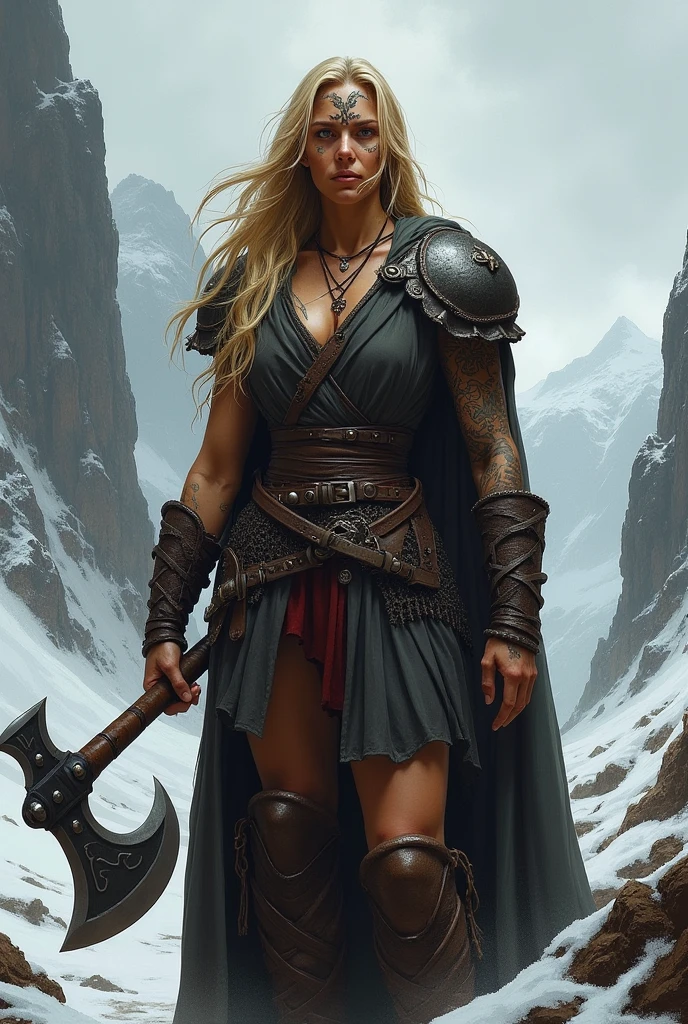 black fantasy, fierce atmosphere, blonde warrior, braided hair, pale skin, leather armour, fire sword wielded in one hand in the midst of an intense battle, fighting through flames and shadows, her sword cutting through the darkness, flames licking at her armor, but she remains unharmed, the ground is melted and cracked, dragon behind her , but she stands strong, dynamic action photo with fire elements