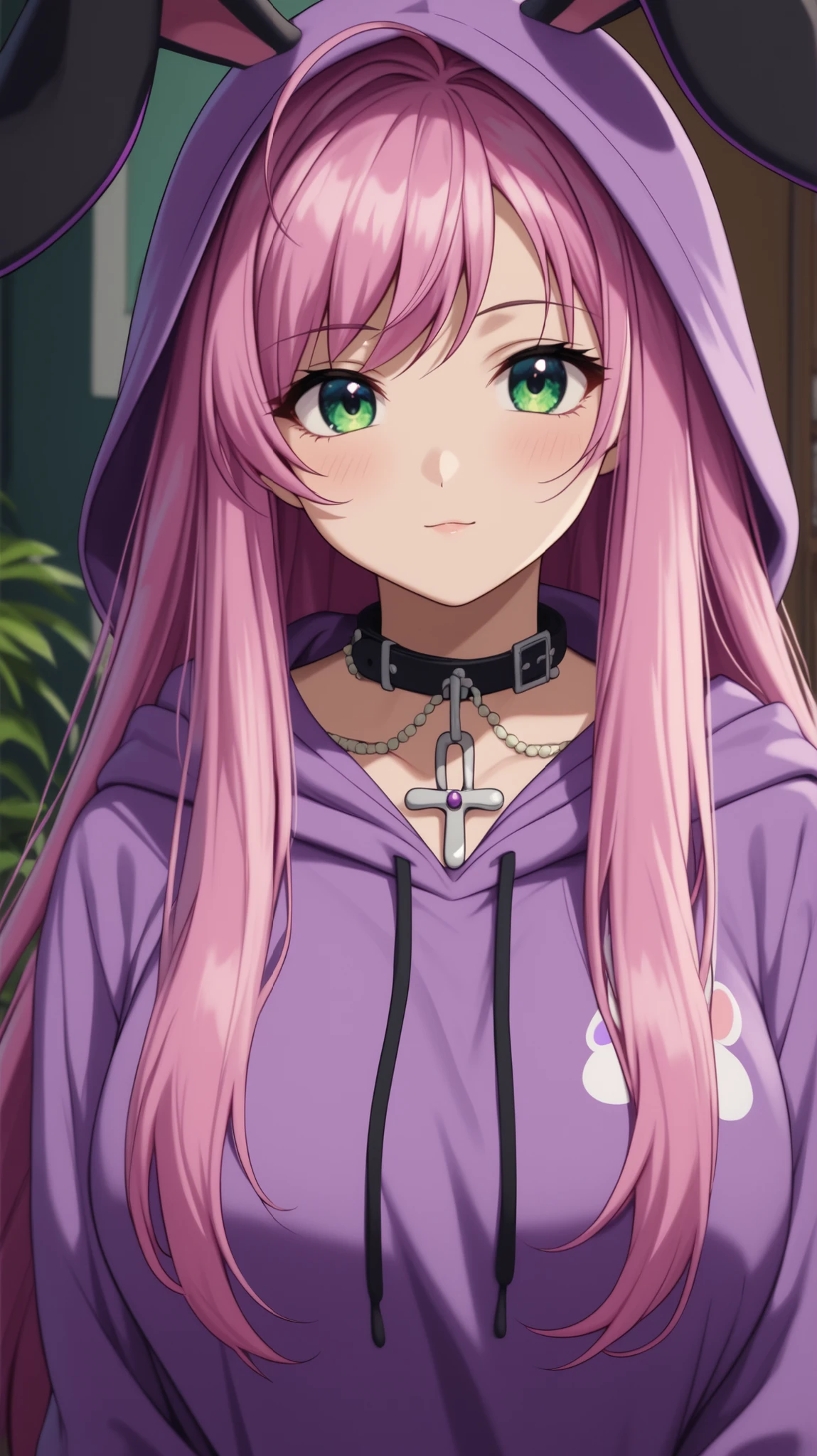 normal moka akashiya, long hair, green eyes, pink hair, ahoge, large breasts, (yamikawa style rabbit kigurumi hoodie), oversized pastel purple and black rabbit-themed kigurumi, pastel purple pullover hoodie with relaxed silhouette, (fluffy pastel purple faux fur texture), long floppy bunny ears with (black cross stitch decoration), big black ribbon bow on one ear, hood with bunny face motif, fake animal eyes made of buttons on hood, (put on hood, hood covers head, voluminous hood silhouette), loose pastel purple bodice with black broken heart symbol on chest, long sleeves with extra large cuffs, pastel purple and black striped leg warmers, (striped pattern thigh-high stockings with red ribbon decoration), black platform shoes,