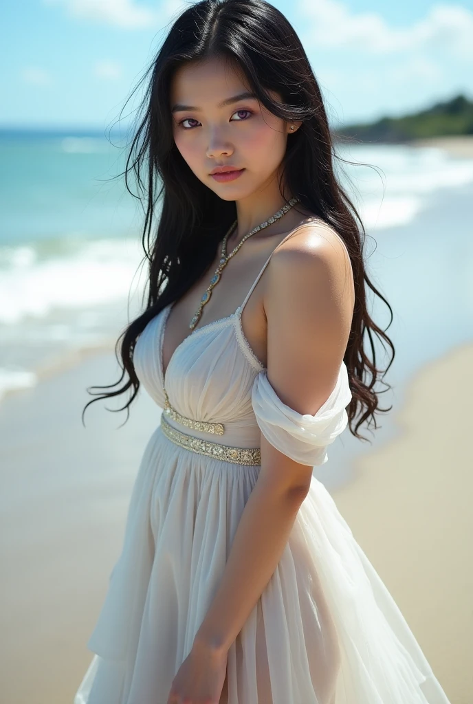 (Top quality, 8K, masterpiece,: 1.3), beautiful woman with perfect figure, the most delicate Chinese sexual beauty, black straight long hair, the most delicate, regular facial features, the most beautiful girl, bare shoulders, beautiful girl sitting on the shore, soft, dreamy quality, light white and dark brown, exaggerated features, solid color, frank holly, light gray and light brown, natural moving, realistic, super high resolution, real photo sense