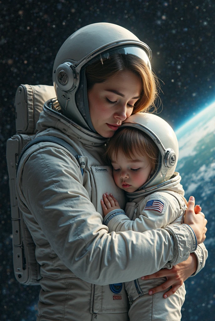 Mother gave birth to a child and they are still connected to eachother but the child is on moon wearing space suit 