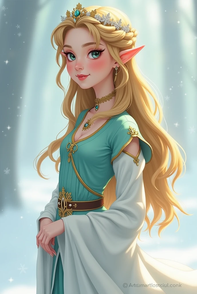 Can you generate an Ai art that is a beautiful elf girl with snow white skin , rosy cheeks , plump pink lips 

Her long golden hair reaching hip of her waist her front hair has a crown braid with snowflake lilies designed to keep hair secure and elegant

Her attire consists of aqua blouse with gold regalia and pure white knee length skirt , with light blue slippers.