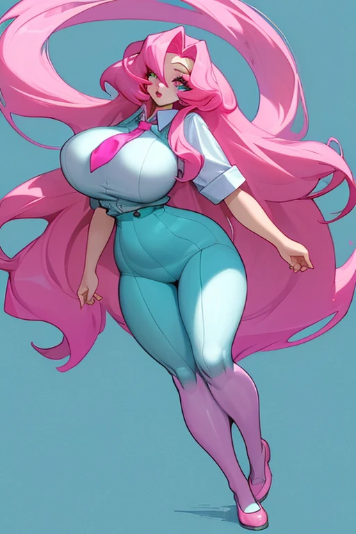gotou_hitori, 1girl, solo, long hair, breasts, looking at viewer, blush, bangs, blue eyes, pink hair, large breasts, huge breasts, huge ass, huge thighs, narrow waist, wide hips, thick thighs, curvy, cleavage, face paint, clown outfit, colorful outfit, skintight outfit, jester hat, pointy shoes, simple background, hair ornament, hair between eyes, closed mouth, one side up, hand on own chest, black background, cube hair ornament
