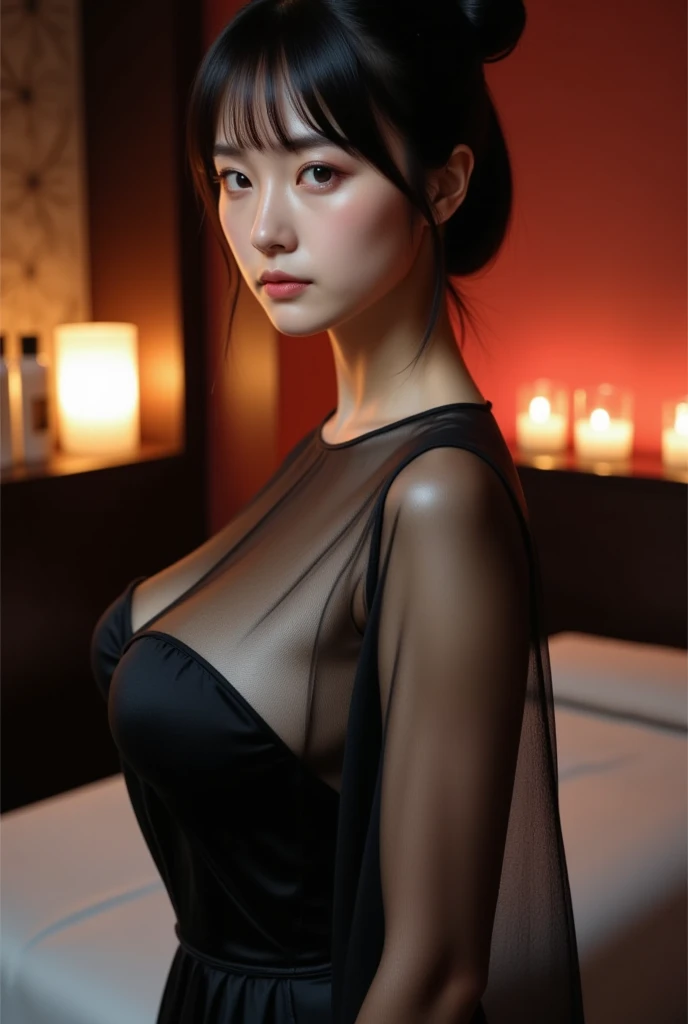 Realistic photos of Diao Chan, a Chinese fantasy beauty. She is very elegant, beautiful, and exotic. Her long, beautiful black hair is blowing in the wind. Her long, beautiful eyelashes and dark navy blue eyes shine beautifully, giving her a sense of beauty and strength. And her sexy, glossy, slightly thick lips enhance her feminine charm. Her body is gorgeous and curvaceous, with breasts that are a great size and beautiful shape, a beautifully toned waist, and beautifully long, slender legs.
Her voluptuous body is visible even through the thin, black, gauze kimono she only wears to sleep at night, and her inconcealable charm makes her even more beautiful.
This photo was taken in a traditional Japanese room with tatami mats, sliding doors and paper screens, lit by the soft, warm light of a fire before going to sleep at night.