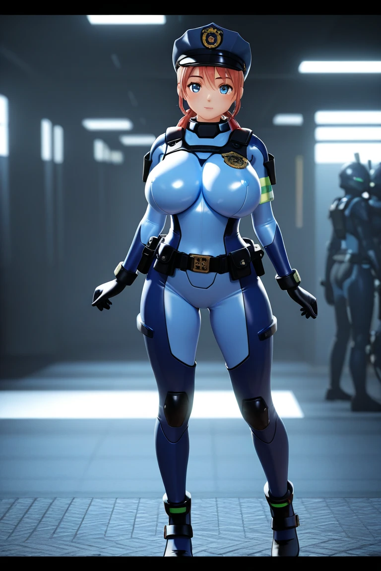 masterpiece, best quality, highres, 1girl, solo, short hair, ahoge, red hair, purple eyes, , pilot suit, gloves, cowboy shot, standing,