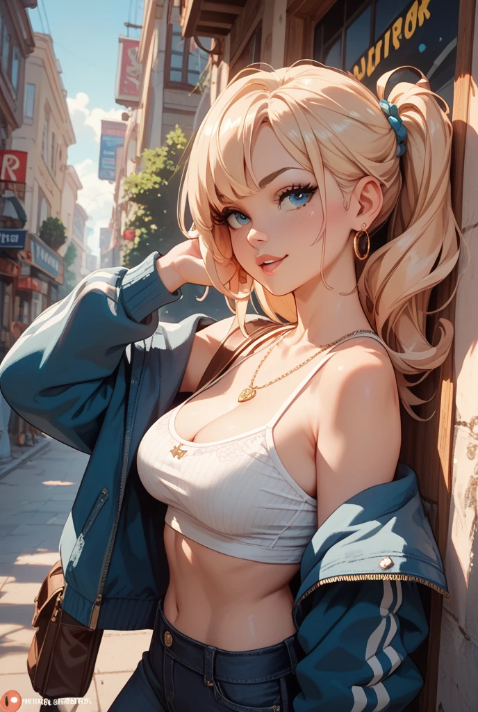(masuter piece、best qualtiy、ighly detailed、illustratio、超A high resolution)、 ((Colorful graffiti art background at night:1.5)、(highly detailed night background))、 (One Beautiful Girl、Long Blonde Hair、extra detailed face、extremely detailed eye、二重まぶた、blue eyess、sexy facial expression、Open mouth and smile happily、embarrassed from、(Blue earrings)、Thick lip)、 ((Tie the white shirt at the belly button:1.3)、(Showing off her exposed blue bra under her open white shirt:1.7)、(cleavage:1.5)、(tight black pleated skirt:1.6)、(Blue sexy panties:1.4)、Cameltoe)、 (Huge breasts、short waist、wide-hips、thick thight、Plump、skin tanned:1.5)、 posterior view、Lift your skirt with both hands、 (taken from the under:1.5)、ultra close up、NSFW、Scale to fit image