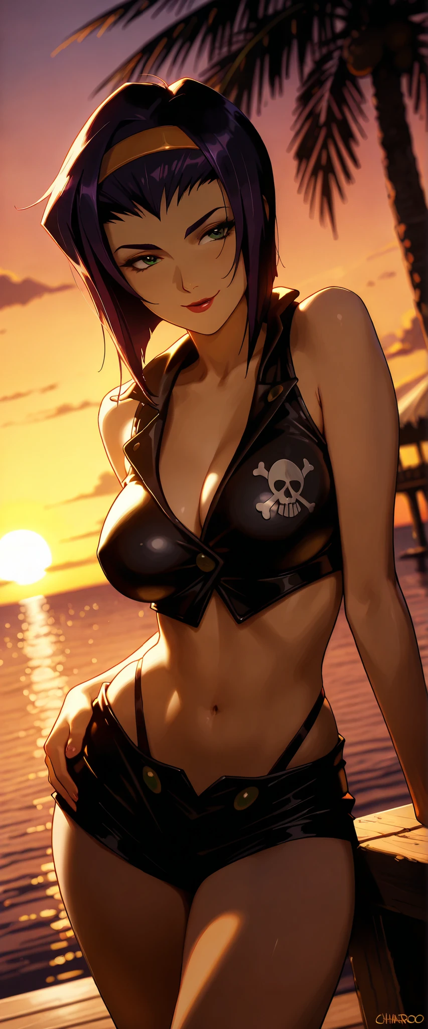 1 woman, faye valentine, dutch angle, purple hair, green eyes, sexy pirate outfit, seductive smile, seductive pose, outdoors, dock, palm trees, sunset, pirates theme, chiaroscuro, masterpiece, high quality, highly detailed
