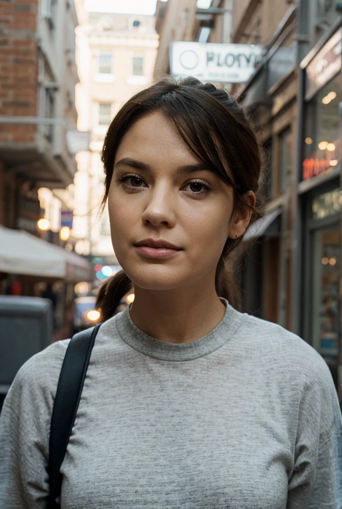 Beautiful brunette mother, 38 years old, athletic, tanned legs, wearing gym shorts and a t-shirt. Standing outside a school. 4k. natural light. Detailed face, Wrinkles around the eyes. Ponytail.